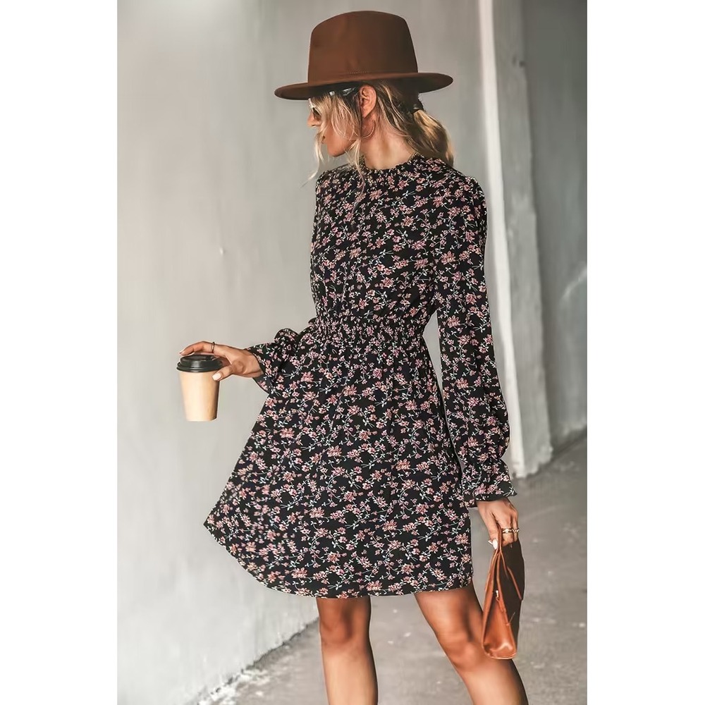 Cupshe Floral Print Dress Long Sleeve Mock Neck Smocked Waist Mini Dress‎ M